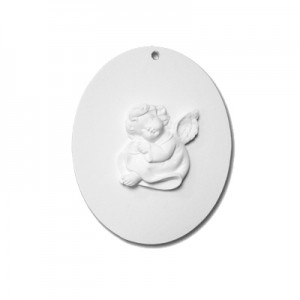Ovale con Angelo  - gesso ceramico bianco - cm  11 x 9   