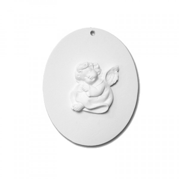 Ovale con Angelo - gesso ceramico bianco - cm 11 x 9